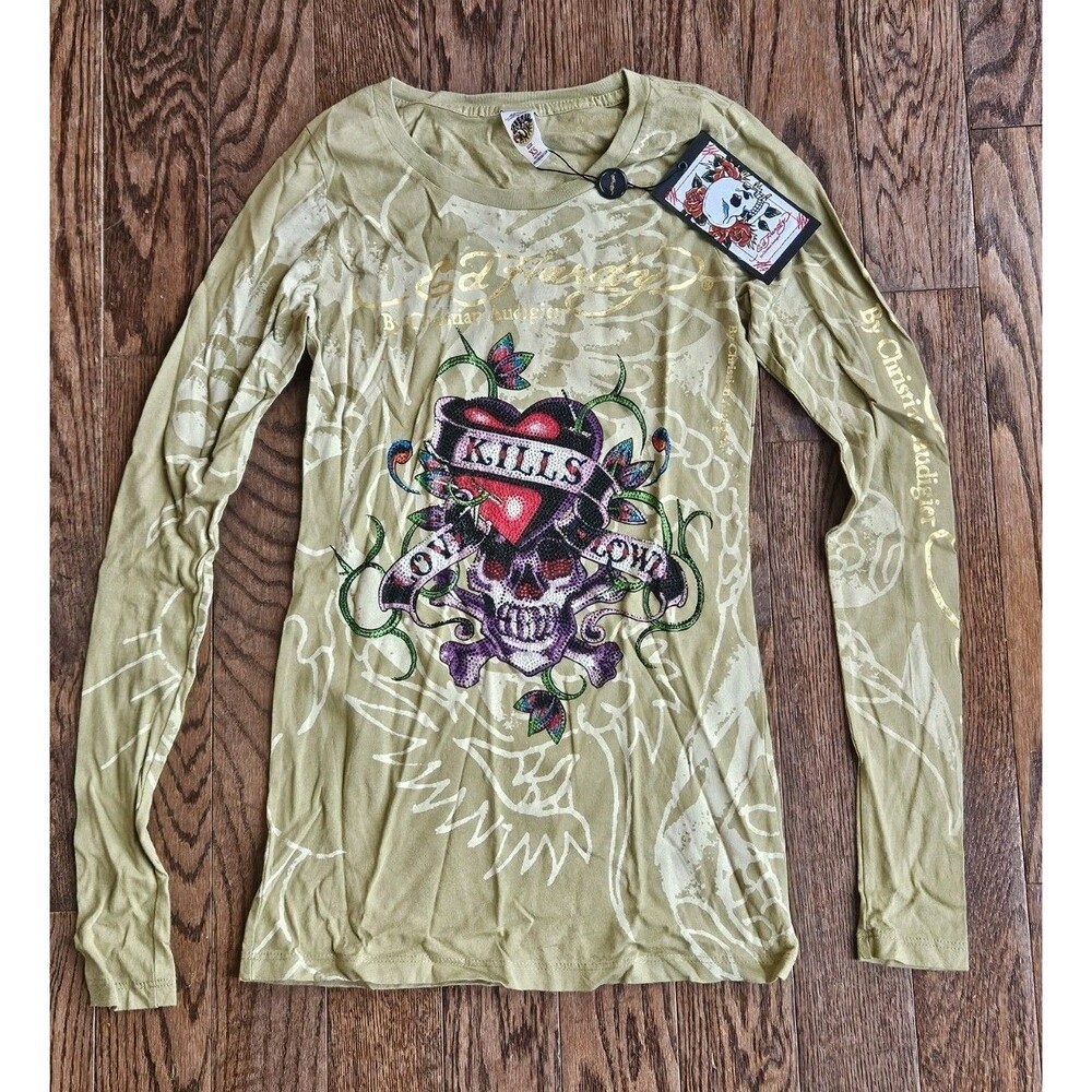 VTG Y2K Ed Hardy Women’s Skull Tattoo Love Rhinestone Longsleeve Shirt Sz XS NEW